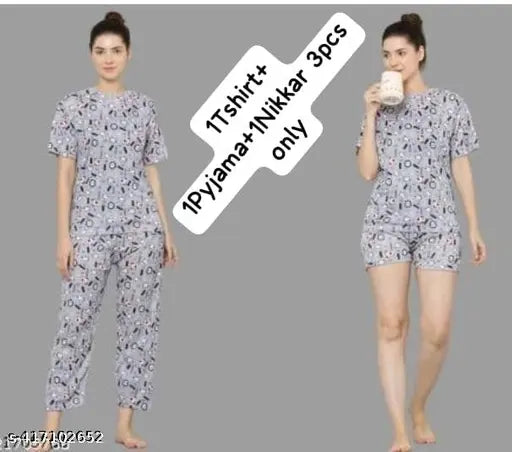 Grey printed net 3-piece t-shirt, pyjama, and nikkart set for women or girls - Made in India