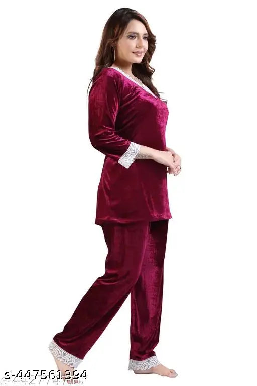 Velvet white shining lace winter pajama set (ParvTraders), comfortable nightwear for girls and women