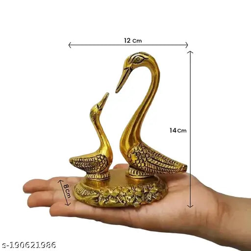 Metallic Swan Pair Set Decorative Showpiece for Home, Temple, Office - Brass figurines of swan & duckling, 12cmx8cmx14cm, India origin