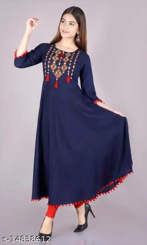 Rayon embroidered kurti with three-quarter sleeves, Indian fashion for women in S, M, L, XL, XXL, XXXL sizes