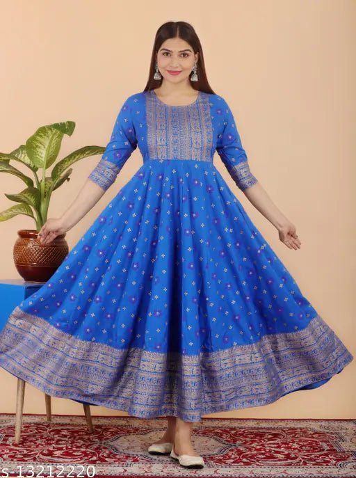 Blue Rayon Anarkali Kurti Dress - Long, Full-Length, Fitted Bodice, Flared Silhouette, Gold Printed, Sleeve Length: Three-Quarter, Available in Sizes S-XXXL