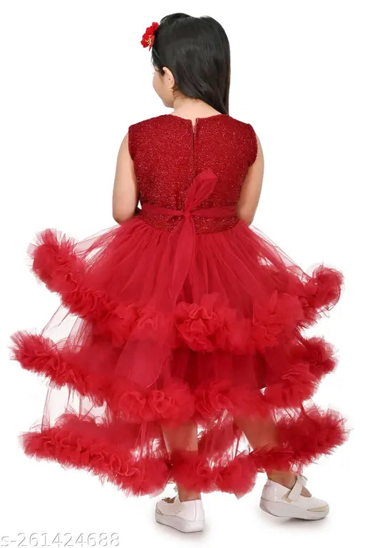 Red fluffy tulle dress with ruffles, child size