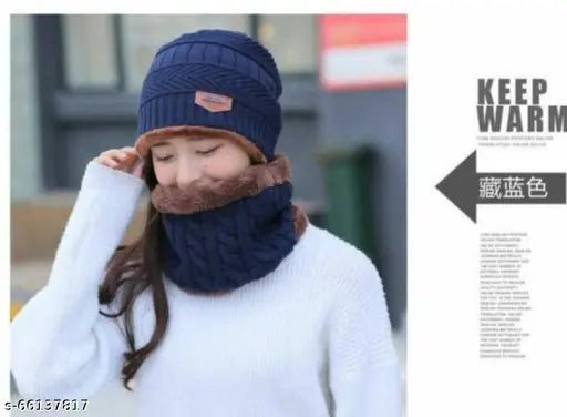 Blue woolen beanie/skull cap & neck warmer combo with faux fur inner side (winter hat & scarf set) - airproof, woolen, fashionable casual wear