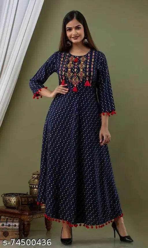 Rayon printed party wear embroidered kameez with flared sleeves, knee length skirt
