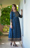 Rayon three-quarter sleeve T-BLUE top with printed combo, ideal for sizes S to XXXL