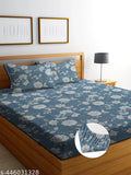 Cotton feel Glace cotton fitted bedsheet set, 72x78 inches with 2 pillow covers (18x28 inches), botanical pattern, superfine quality for double bed