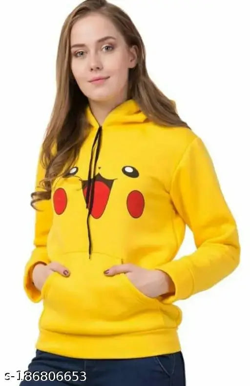 Warm cotton blend winter Pikachu sweatshirt/hoodie for girls with pockets and hood, printed net pattern in bright yellow color