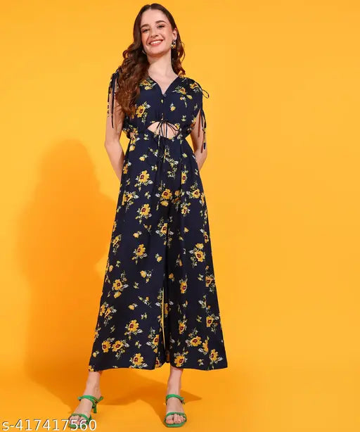 Navy blue & yellow floral printed polyester jumpsuit with waist tie-up & short sleeves, perfect for all occasions