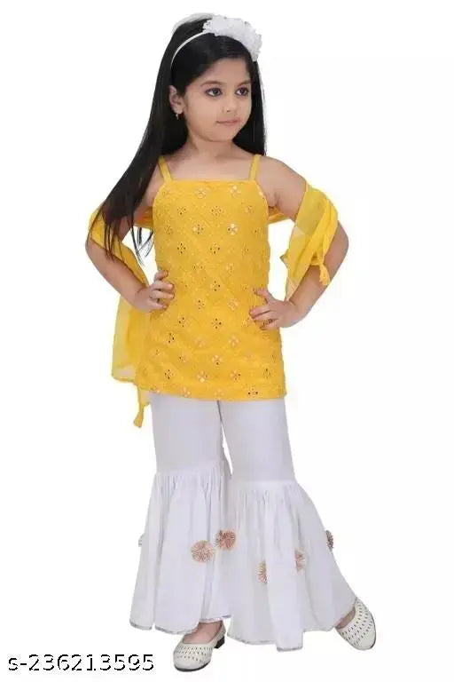 Navy blue embellished rayon palazzo kurta set with long sleeves and belt design, suitable for girls aged 2-7 years. Indian-made traditional clothing