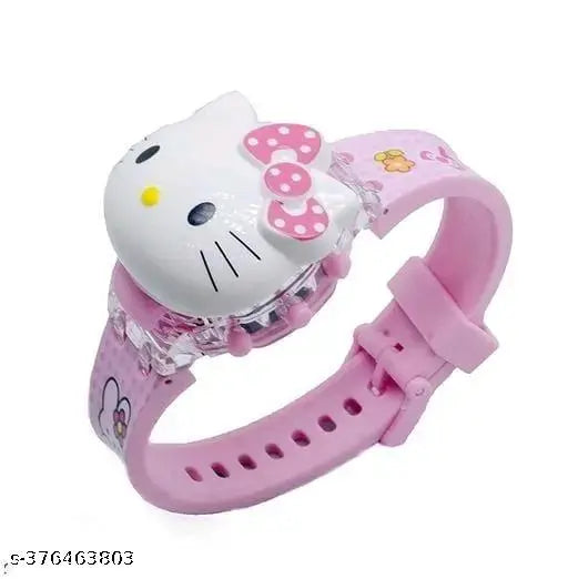The image displays a children's watch with a glowing face design featuring the character "Hello Kitty." It has a pink strap and appears to be designed for young girls