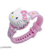 The image displays a children's watch with a glowing face design featuring the character "Hello Kitty." It has a pink strap and appears to be designed for young girls