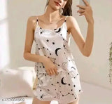 White lace and poly silk Pushbella baby doll nighty set with graphic print T-shirt & shorts, India origin