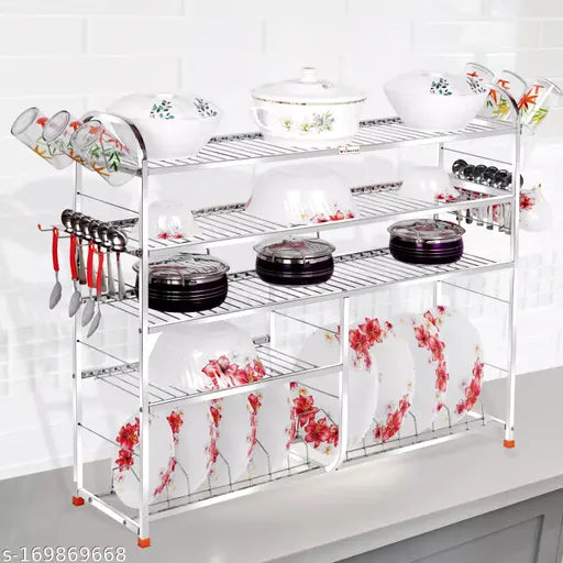 Stainless steel wall mount kitchen utensils rack, 5-shelf modular storage system with lower plate shelf