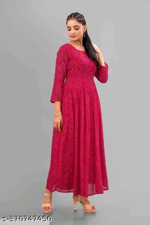 Bandhini Pink Georgette Three-Quarter Sleeve Printed Dress, Indian Ethnic Western Fashion for Women