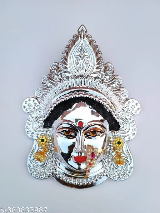 Silver polyresin Mahalakshmi face figurine, 11cm x 16cm x 4cm, brings prosperity and wealth, Marghshish month or any time