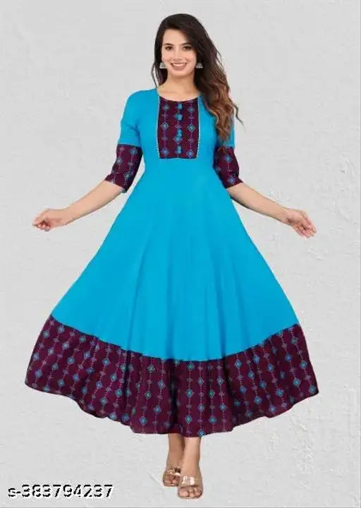 Blue Rayon Anarkali Kurti, fashionable three-quarter sleeve design, printed combo, size S to XXXL