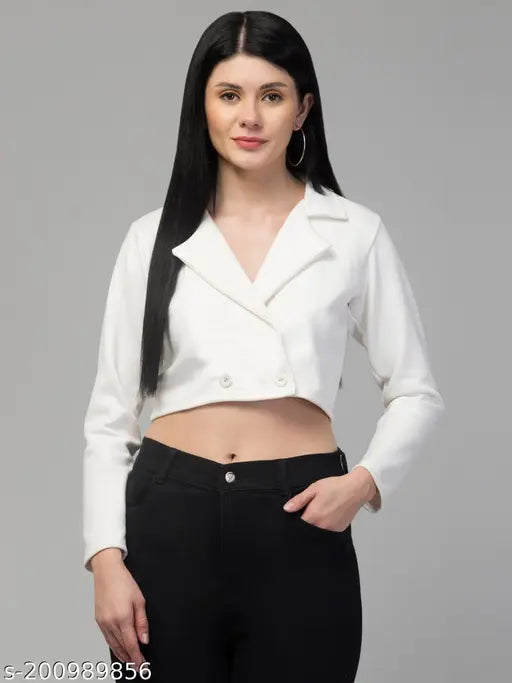 White suede women's casual crop blazer, double-breasted with lapel collar and straight hemline