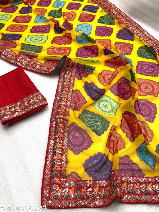 Yellow chiffon saree with vibrant floral border, red blouse