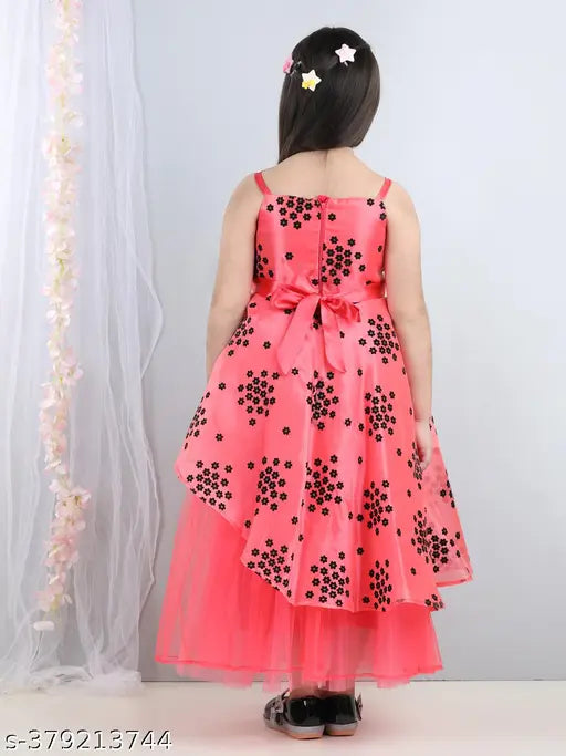 Pink satin full length girls party dress
