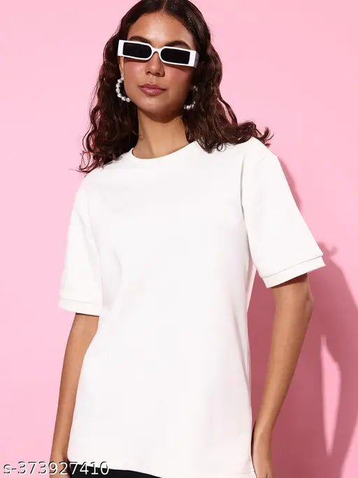White cotton women's oversized sweatshirt, short sleeves, solid design, size L (bust 43in, length 28in), India-made fashion piece