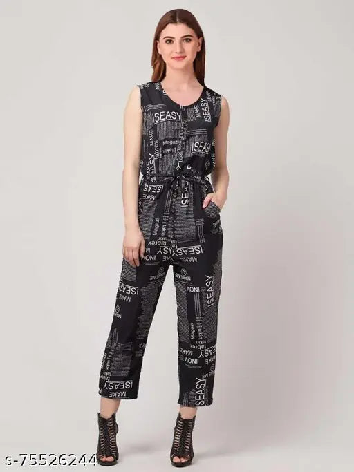 Classic Designer Women's crepe sleeveless jumpsuit, printed net, size M (bust 36in, length 52in, waist 52in), made in India