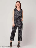 Classic Designer Women's crepe sleeveless jumpsuit, printed net, size M (bust 36in, length 52in, waist 52in), made in India