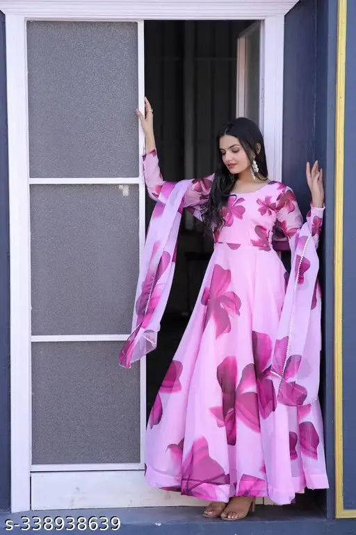 Pink floral embroidery long kurta formal wear