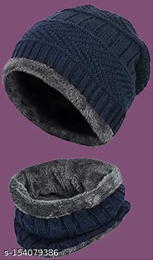 Wool acrylic cap & neck scarf with fur (Pack 1), warm & soft for men's fashionable winter look