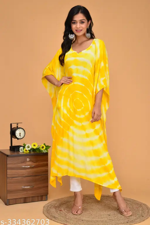 Yellow tie dye rayon crepe kaftan kurta with v-neck and three-quarter sleeves, single size options available in S-XXXL