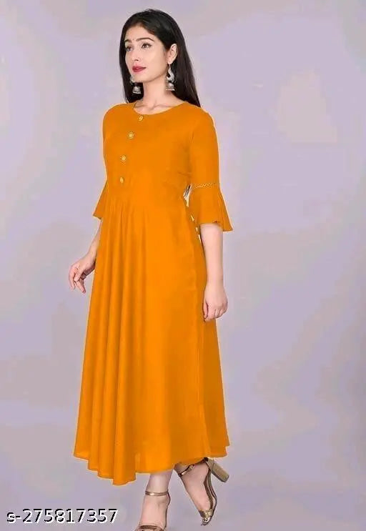 Yellow long-sleeve maxi dress with V-neck and button details
