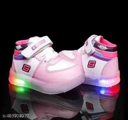 Pink and white LED sneakers with ankle straps for children