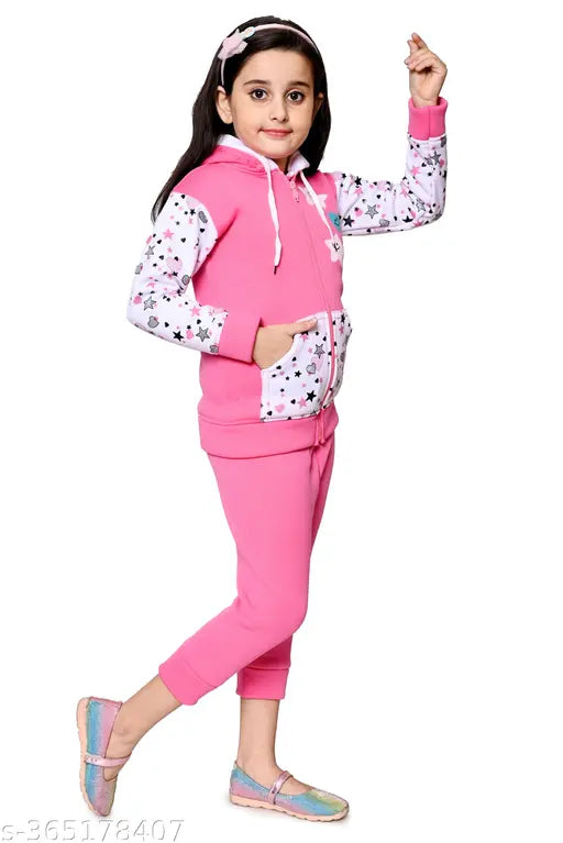 Soft pink wool hoodie & sweatpants for girls, printed net pattern, ultimate winter wear for casual occasions