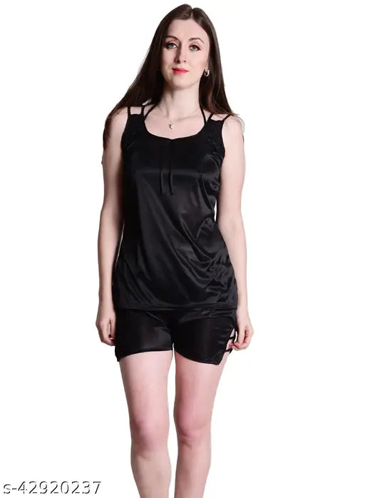 Black satin nightwear top & shorts set, sensual and stylish sleepwear made of satin fabric