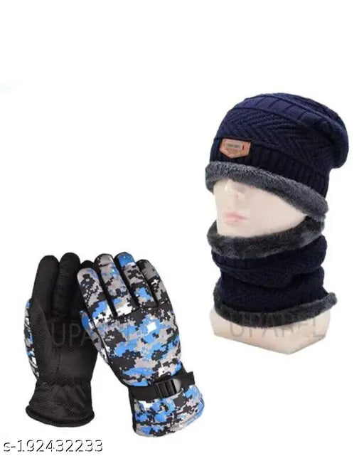 Woolen beanie cap set & muffler scarf (red), plus military-print gloves - unisex winter wear, soft & warm, Indian craftsmanship