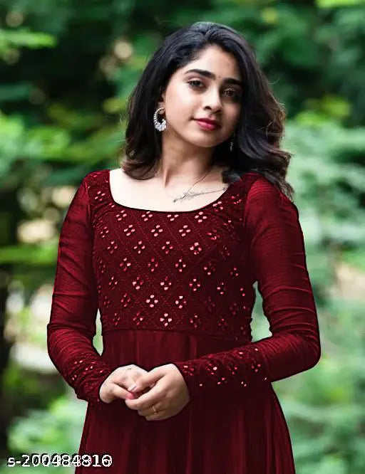 Trendy georgette mirror-work gown, long-sleeved embellished dress in single size (S), made in India