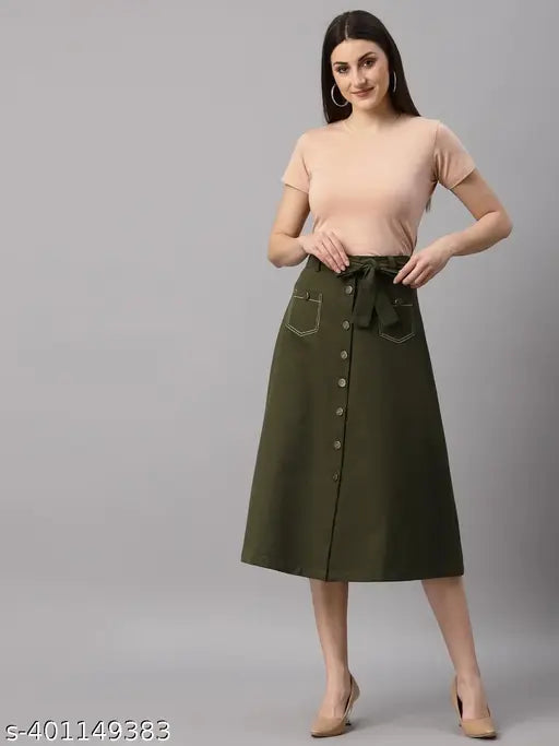 Olive green cotton midi a-line skirt, perfect for summer travel