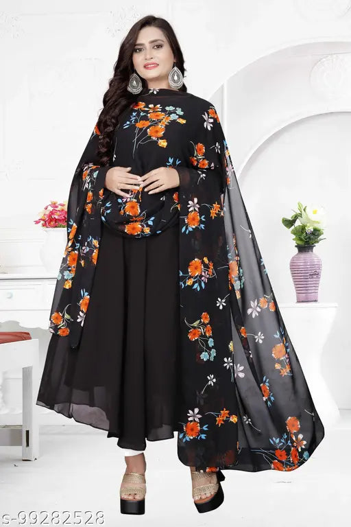 Black Georgette gown with dupatta, long sleeves, solid pattern, Indian bridal wear on mannequin