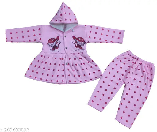Wool winter hoody T-shirt & pyjama set for baby girls in prints, soft and comfortable, India-made