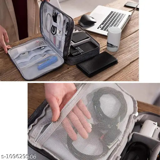 Grey three-layer electronic accessory bag for organizing cables, chargers and hard drives, suitable for travel
