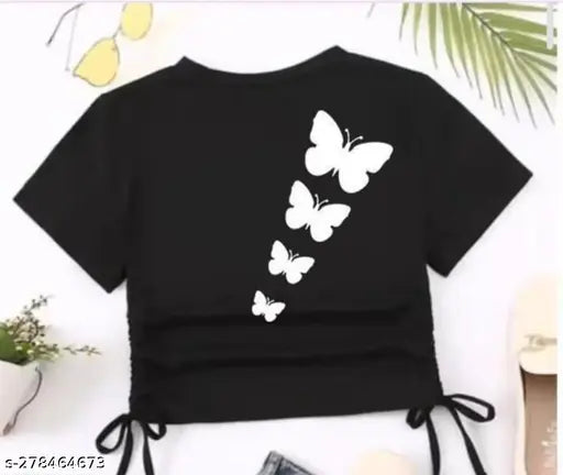 Black women's & girls round dori top, 100% smooth cotton. High-quality, short-sleeved print top, size S (bust 24in, length 24in), made in India