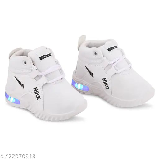 White kids' casual led shoes with light-up design, velcro closure, suitable for indoor and outdoor wear