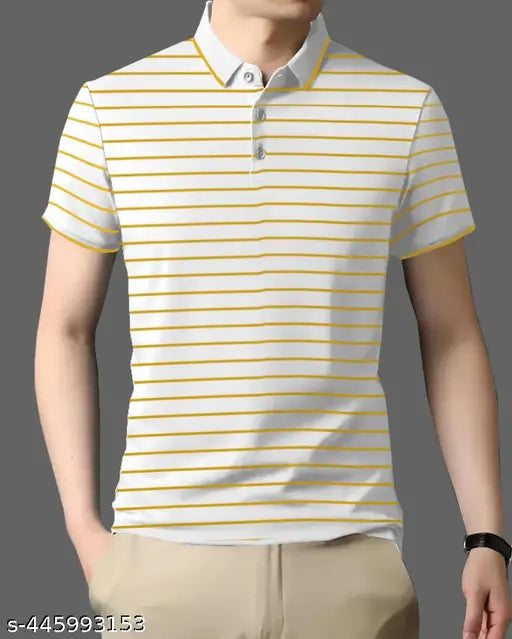 Cotton blend yellow striped polo t-shirt, regular fit, half sleeves