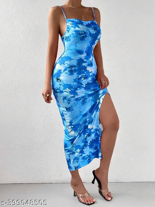 Sleeveless printed net Lycra dress, trendy women's fashion from India
