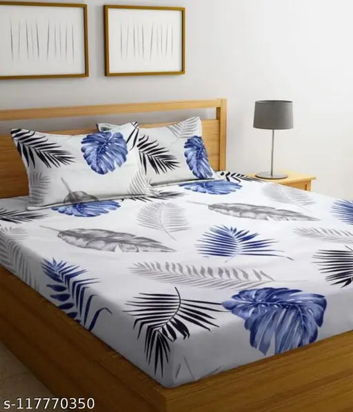 Cream premium cotton leaf pattern elastic fitted bedsheets, double king size with 2 pillow covers, ideal for summer. Soft and superfine quality from Comfort Home