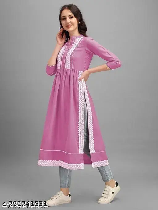 Pure rayon cotton kurti with lace detail, three-quarter sleeves, Indian women's fashion