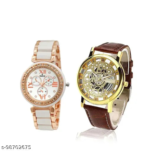 Gold leather strap analog watch with white dail chain, 24-hour markings, 3 subdials, and a transparent back case for viewing movement