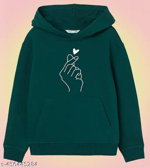Olive cotton self-design winter sweatshirt for kids (10-16 years), single pocket, long sleeves, straight hem