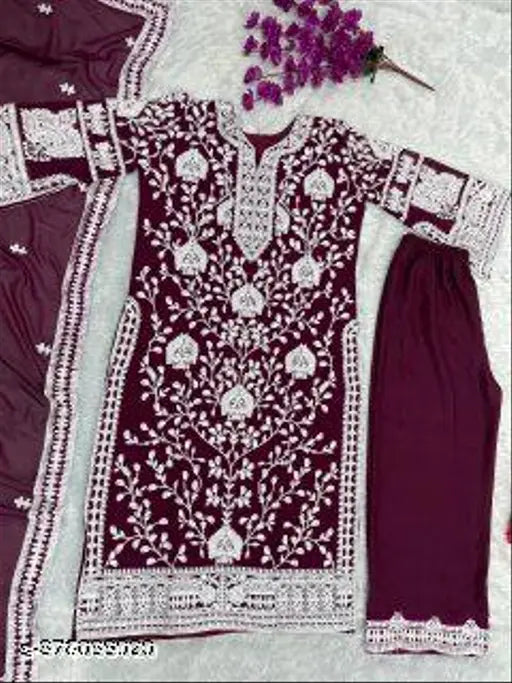 Georgette embroidered kurta set with palazzo and dupatta, soft butter silk bottoms and micro cotton inner lining, India-made in fancy chine stitch work