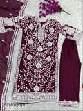 Georgette embroidered kurta set with palazzo and dupatta, soft butter silk bottoms and micro cotton inner lining, India-made in fancy chine stitch work