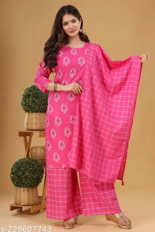 Pink and white patterned unstitched kurta with matching plazzo dupatta, sleeveless design